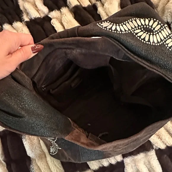 Brown Suede Shoulder Bag with Embellished Strap - Picture 5 of 6